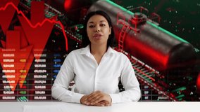 Woman TV newscaster discussing oil prices on generic economic news background - Powered by Shutterstock - Get 15% off with code: PIKWIZARD15