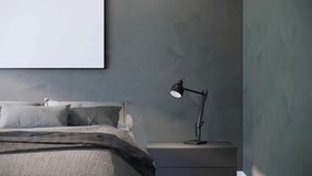 3d renderings 4K video mockup room modern loft bedroom interior design and decoration in dark tone bedding blanket empty photo frame on grey concrete wall. 