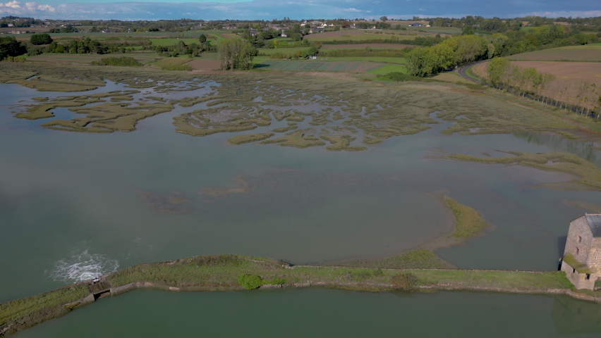 Beauchet tide mill on Goutte stream, Les Gastines at Saint Pere Marc in Poulet, Brittany in France. Aerial sideways