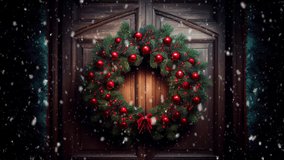 Merry Christmas and Happy New Year! Beautiful greeting video with snowfall and Christmas wreath on wooden door. Repeatable CINEMAGRAPH loop.