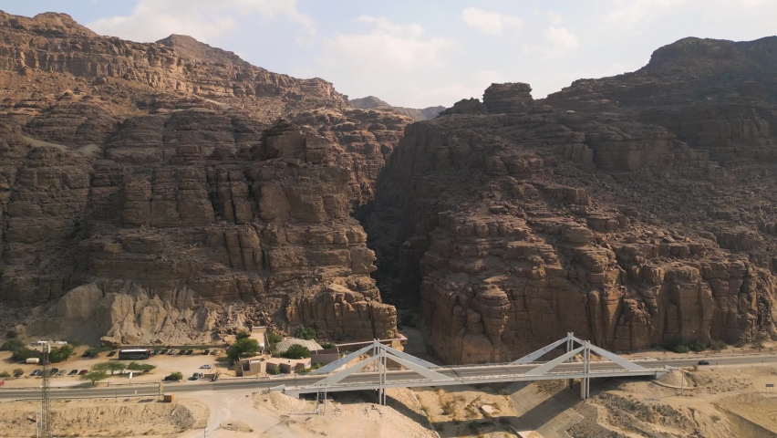 Entrance to Wadi Mujib canyon in Jordan, aerial view