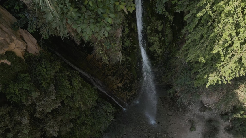 David waterfall in Ein Gedi nature reserve in Israel, aerial view
