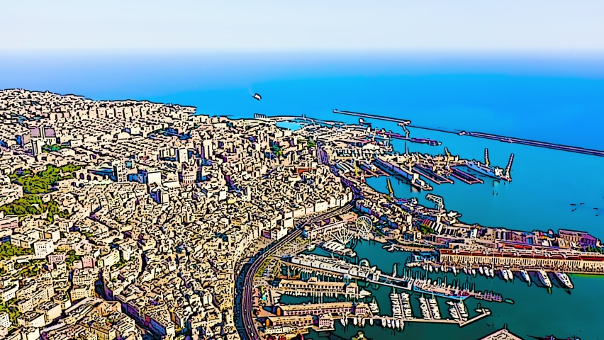 Genoa, Italy. The historic port and city center unfold in a sweeping aerial view, rendered as a vibrant cartoon illustration with bold ink outlines and saturated color fills. The dense urban fabric of the old town cascades down hillsides toward a deep turquoise harbor, where piers, docks, and moored vessels cluster along the waterfront. A curved coastal road traces the shoreline, separating the tightly packed historic buildings from the maritime activity below. The scene captures the enduring bond between the city and its ancient harbor, which has served as a trading hub since the 5th century BC and grew into one of the most powerful maritime republics in the Mediterranean. The bright summer light and clear blue sky enhance the graphic, poster-like quality of the illustration, emphasizing the contrast between the warm stone tones of the city and the vivid blues of the Ligurian Sea. Color sketch in cartoon style.