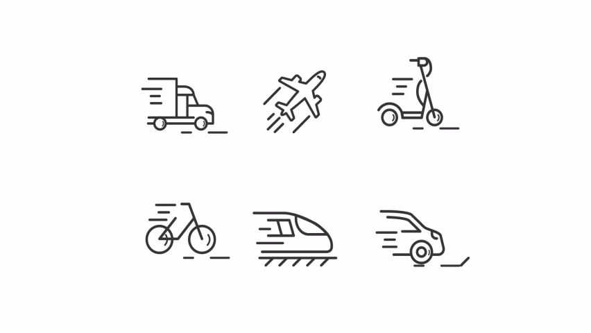 Animated transport linear icons set. Commuting. Public and personal transportation. Vehicles. Seamless loop HD video with alpha channel on transparent background. Outline motion graphic animation