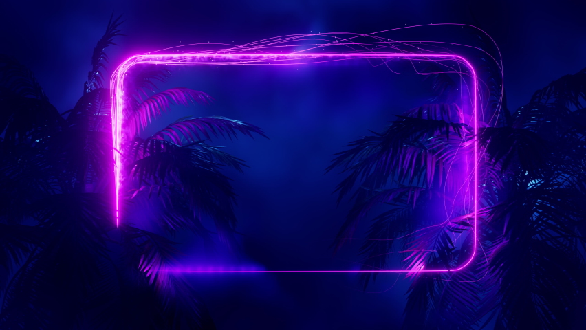 Dynamically drawn neon frame between palm trees. Infinitely looped animation. 3D Illustration Royalty-Free Stock Footage #1097812177