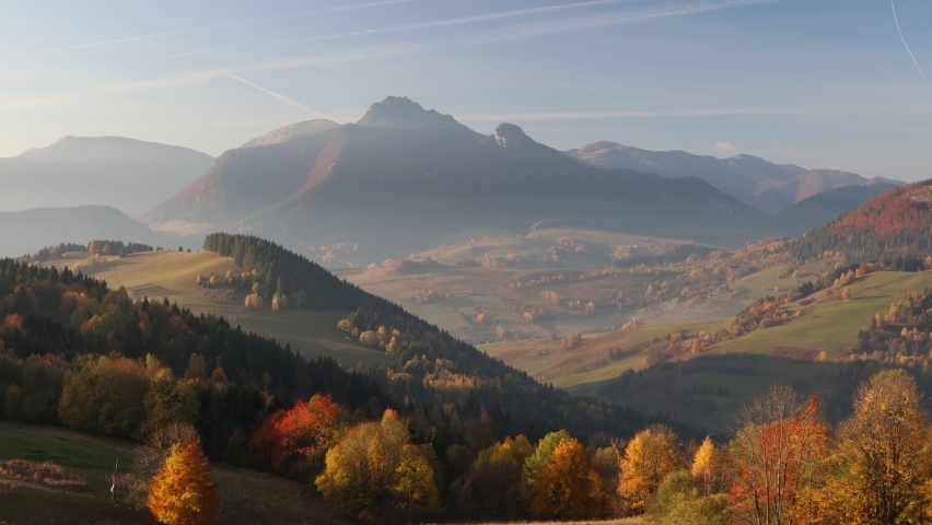 Beautiful mountainous rural landscape in autumn morning. The Mala Fatra national park in northwest of Slovakia, Europe.