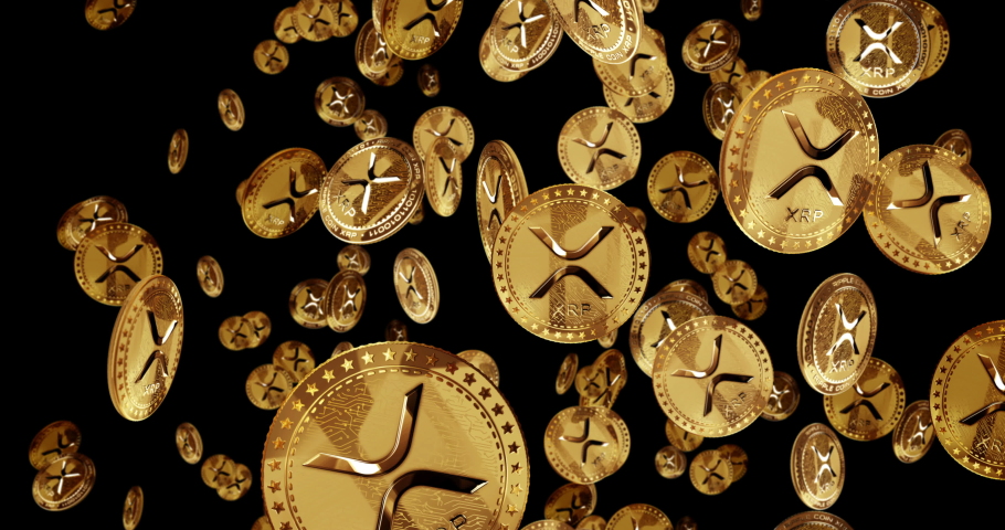 Ripple XRP cryptocurrency isolated gold coin rain background. Rotating golden metal coins falling loop abstract concept. Loopable and seamless animation.