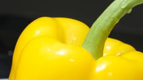 Fresh yellow bell pepper rotating on black background in slow motion. 