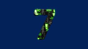 number 7, dark iron cyber punk glitchy font, isolated - loop video