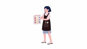Animated hairstylist character. Woman showing pallet with hair shades. Full body flat person on white background with alpha channel transparency. Colorful cartoon style HD video footage for animation