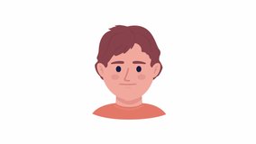 Animated boy grimacing emotion. Playful kid. Fun child. Flat character head with facial expression animation. Colorful cartoon style HD video footage on white with alpha channel transparency