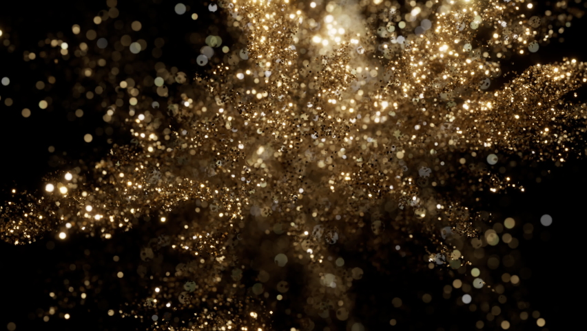 Cg animation of golden glitter explosion on black background. Slow motion with shallow depth of field. Has alpha matte Royalty-Free Stock Footage #1097819471