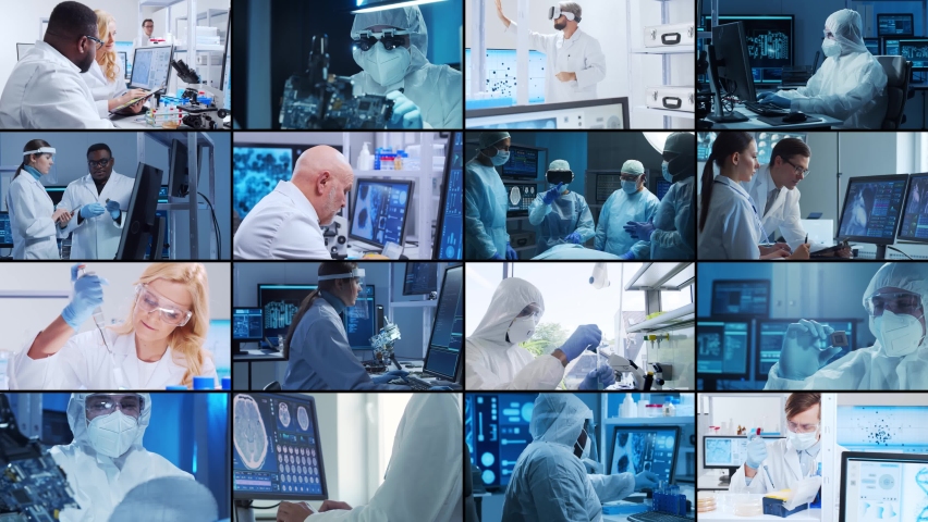 Science, research and laboratory work concept. Diverse people work in modern science labs. Doctors, professors and lab assistants conduct medical, nanotechnological and microelectronic research. Royalty-Free Stock Footage #1097823203