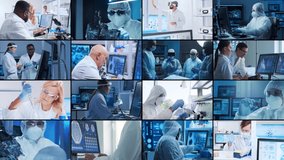 Science, research and laboratory work concept. Diverse people work in modern science labs. Doctors, professors and lab assistants conduct medical, nanotechnological and microelectronic research. - Powered by Shutterstock - Get 15% off with code: PIKWIZARD15