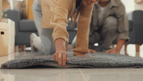 Close-up carpet. Happy Asian couple rolling out gray carpet relaxing smiling take a rest after moving stuff on living room at new house. Husband wife move house, Apartment Rent And Ownership Concept. - Powered by Shutterstock - Get 15% off with code: PIKWIZARD15