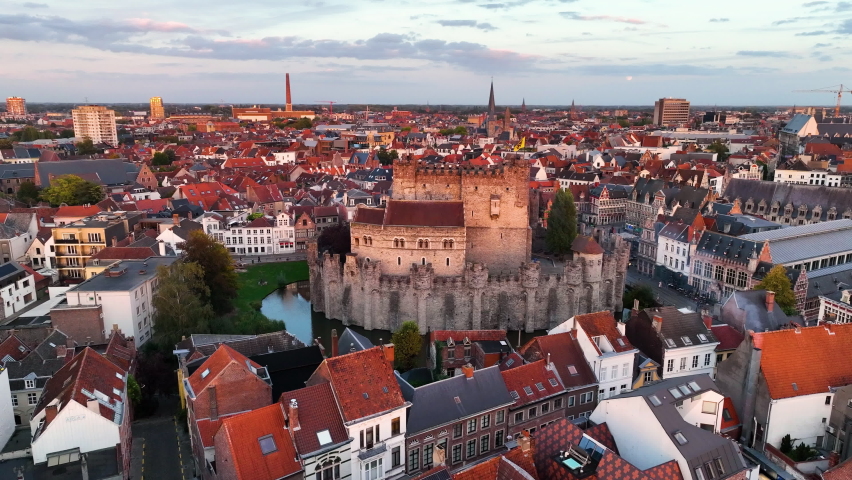 Aerial view of famous places Ghent, East Flanders province, Flemish Region of Belgium. The historic city center in the evening.