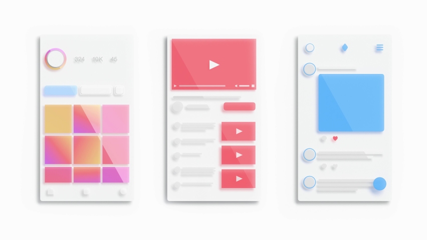 Social media app interface feed frame viewing animated, looped switch, 3d rendering. Animation blog and chanel on phone screen, isolated on white background. Grid accound subscribe. 3D Illustration