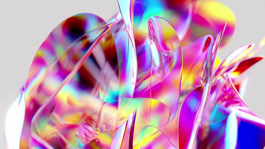 Futuristic dispersion glass animation, bright holographic flexible plates wriggling against a light background. Abstract transparent glossy textile with iridescent glow spectrum, 4K 3D rendering Royalty-Free Stock Footage #1097827031