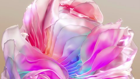 Gradient fabric in pastel colors, liquid glass collected in layers, moves and shimmers on a light background. Abstract animation of rainbow hue flower shaped fabric, 3D futuristic motion design 4K Video stock
