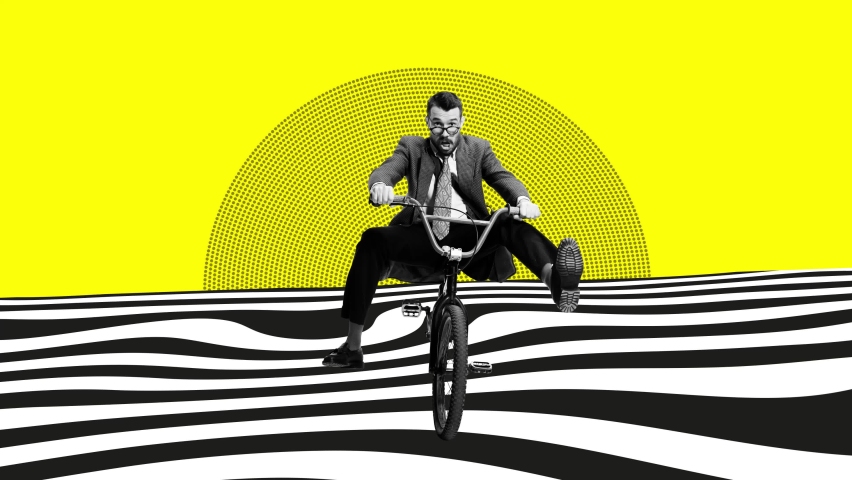 Stop motion, animation. Crazy businessman riding bike through hypnotic background. Creative man. Living expressive life. Growing ambitions. Concept of business, creativity, artwork, ad | Shutterstock HD Video #1097829107