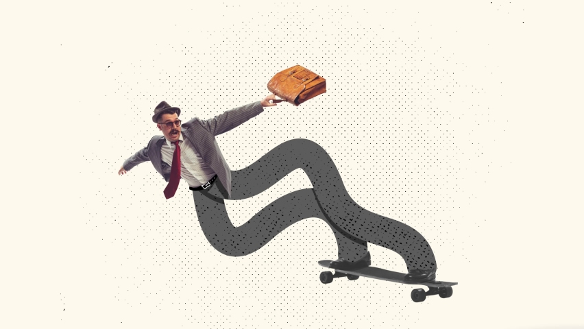 Stop motion, animation. Creative design with businessman on long legs skateboarding, having fun. Concept of business, creativity, surrealism, emotions, imagination. Copy space for ad, poster | Shutterstock HD Video #1097829129