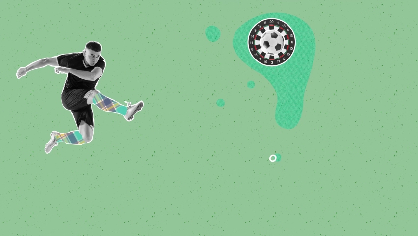 Stop motion, animation. Professional male soccer football player kicking the ball on target over green background with drawings. Concept of sport, competition, media, betting, news, ad and technology Royalty-Free Stock Footage #1097829131