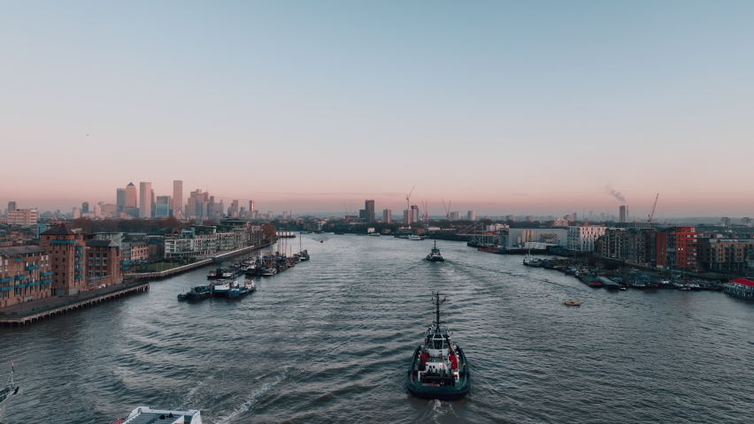Tower bridge. London . Beautiful aerial views around river Thames. Modern buildings, historical centre, and amazing sunset. Evening lights and boats. Royalty-Free Stock Footage #1097829643