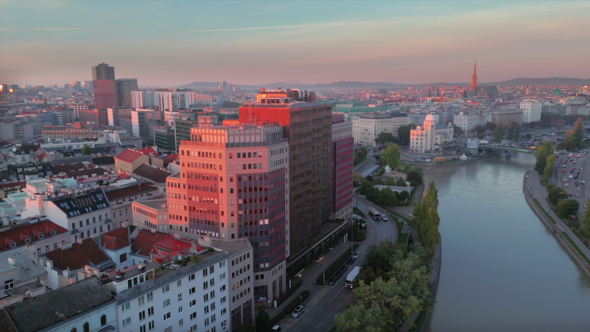Vienna city famous riverside  traffic bridge aerial panorama 4k austria in front vienna cathedral old town