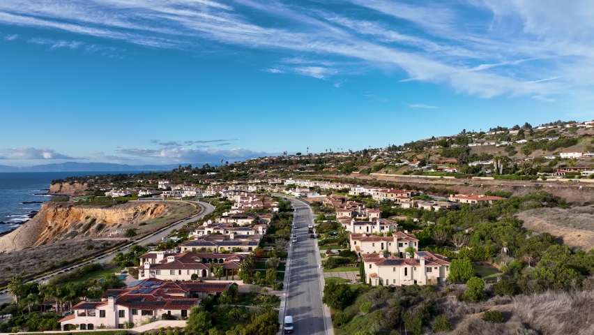 Drone flying over houses in Rancho Palos Verdes in CA