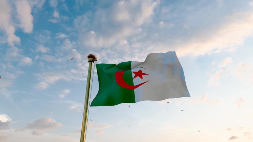 Flag of Algeria waving in the wind, sky and sun background. Algeria Flag Video. Realistic Animation. - Powered by Shutterstock - Get 15% off with code: PIKWIZARD15