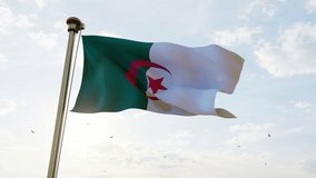 Flag of Algeria waving in the wind, sky and sun background. Algeria Flag Video. Realistic Animation.