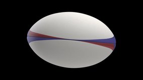 A seamlessly loop able animation of a white textured rugby ball with blue and red colour design elements spinning and rotating on black background - Powered by Shutterstock - Get 15% off with code: PIKWIZARD15