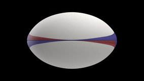 A seamlessly loop able animation of a white textured rugby ball with blue and red colour design elements spinning and rotating on black background - Powered by Shutterstock - Get 15% off with code: PIKWIZARD15