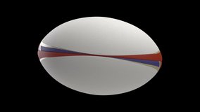 A seamlessly loop able animation of a white textured rugby ball with red blue and gold colour design elements spinning and rotating on black background - Powered by Shutterstock - Get 15% off with code: PIKWIZARD15