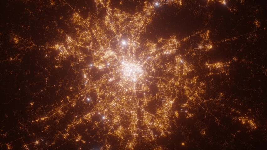 Moscow (Russia) aerial view at night. Top view on modern city with glow effect. Camera is zooming out, rotating counterclockwise