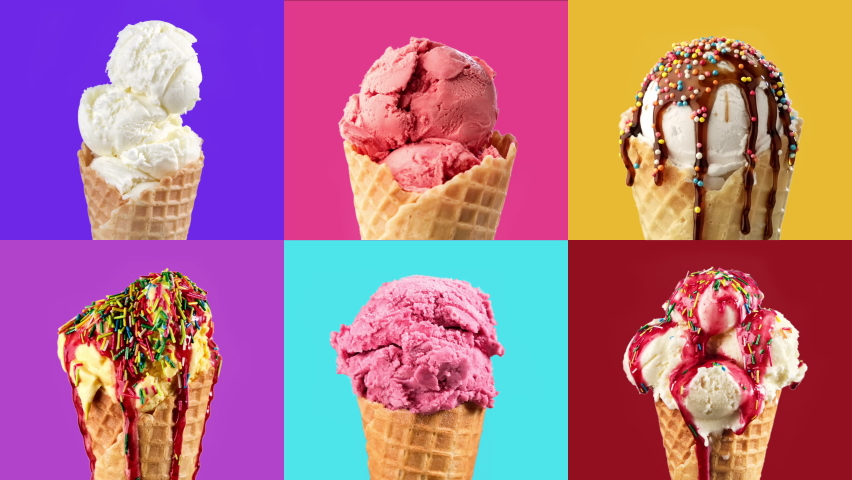 Ice cream of various colors changing at colorful backgrounds. Stop motion of six ice creams. Sweet desserts. Food concept. Colorful ice cream. Different colors. 4K, UHD