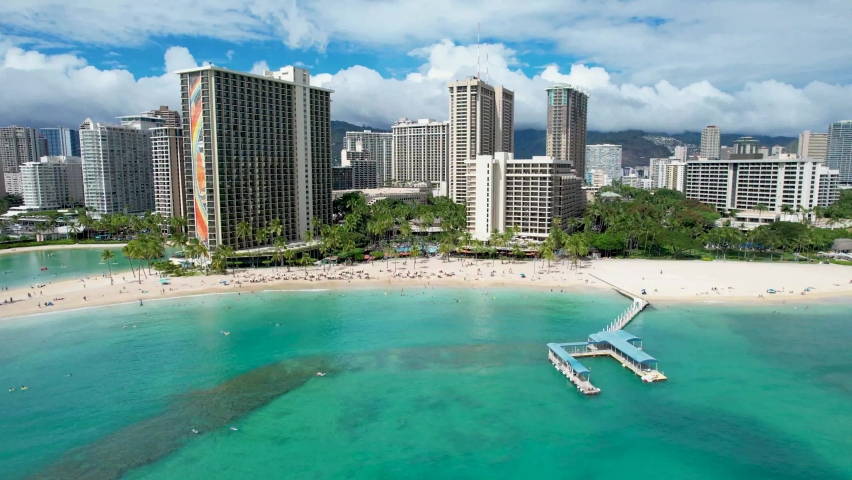 Aerial view of Hilton Hawaiian Village Boat Dock and beachfront resort towers