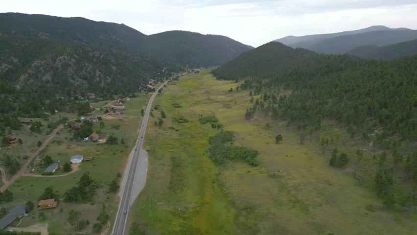 Scenic Country Road On The Remote Town Of Estes Park In Northern Colorado, United States. Aerial Drone Shot