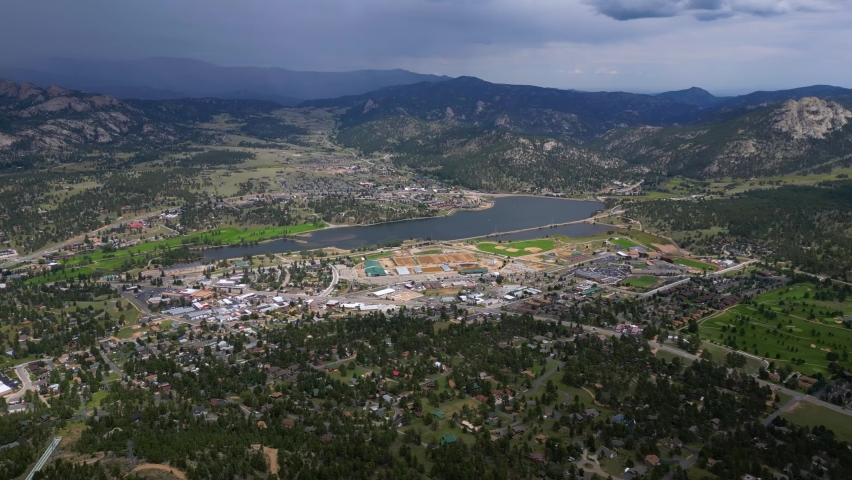 Panoramic Aerial Drone View Of Estes Park Town At The Base Of Rocky Mountain National Park In Northern Colorado.