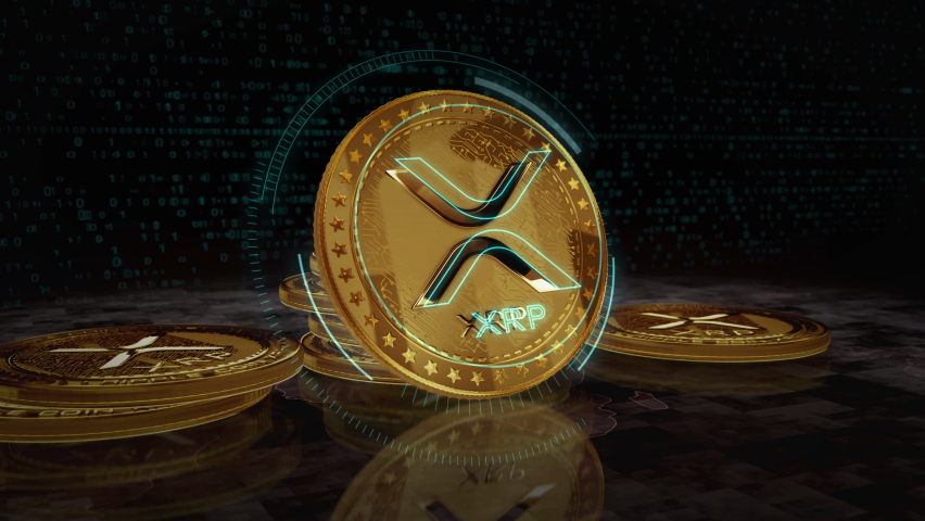 Ripple XRP cryptocurrency golden coin turning. camera rotates around the 3D metal glow coins. Fintech, online payment and digital transaction abstract concept.