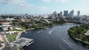 Aerial Footage Riverwalk, Hillsborough Bay, Highway And Downtown City Skyline Tampa Fl Usa