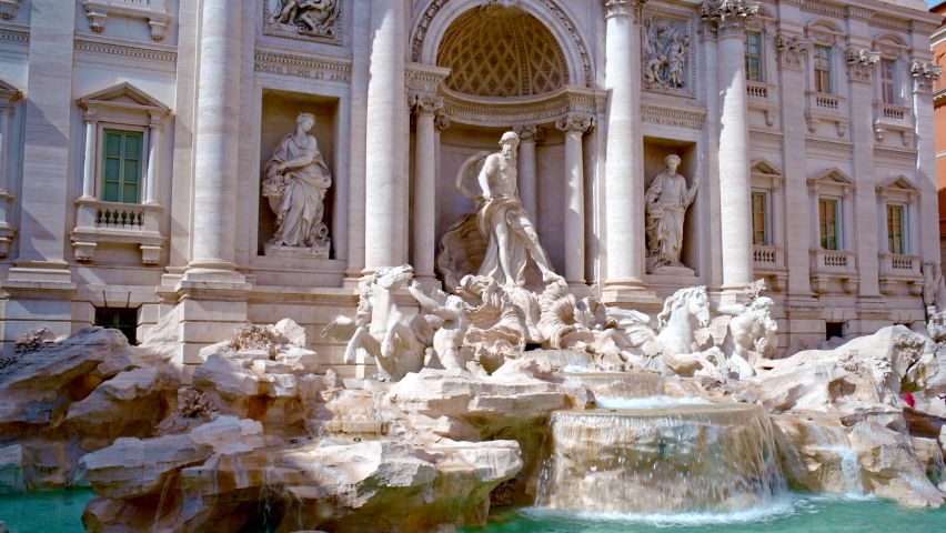 The Trevi Fountain it is the largest Baroque fountain in Rome and one of the most famous fountains in the world. RAW cinematic panning