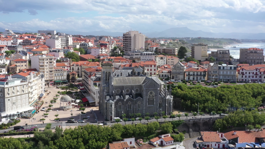 Church Sainte-Eugénie in Biarritz aerial sunny day beautiful destination Royalty-Free Stock Footage #1097876089
