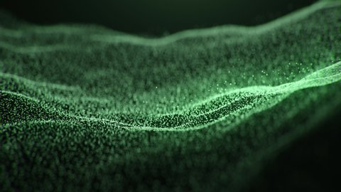 Moving flow green color particles flashing micro units grainy sands on space background, abstract animation neon crystals wave. 3D animated vibrant sound hi-tech motion design for art cinematic titles Stockvideo