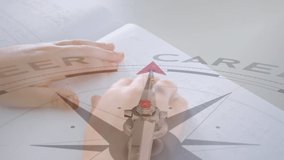 Animation of compass with text over caucasian child reading braille. Global education, learning and digital interface concept digitally generated video.