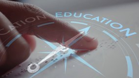 Animation of compass with text over caucasian child reading braille. Global education, learning and digital interface concept digitally generated video. - Powered by Shutterstock - Get 15% off with code: PIKWIZARD15