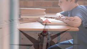 Animation of compass with text over caucasian boy reading book. Global education, learning and digital interface concept digitally generated video. - Powered by Shutterstock - Get 15% off with code: PIKWIZARD15