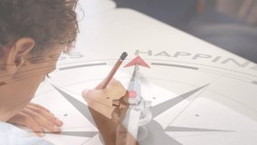 Animation of compass with text over african american boy writing in notebook. Global education, learning and digital interface concept digitally generated video.