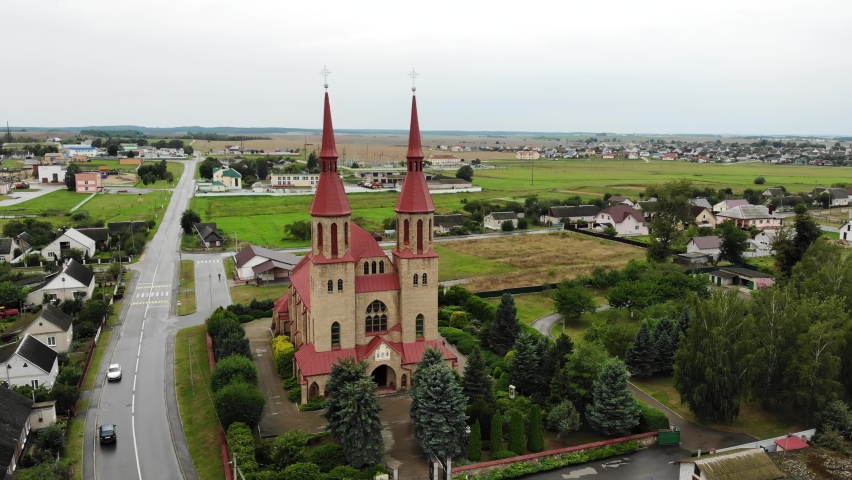 Catholic Church of the Holy Trinity in Zelva. Aerial view.