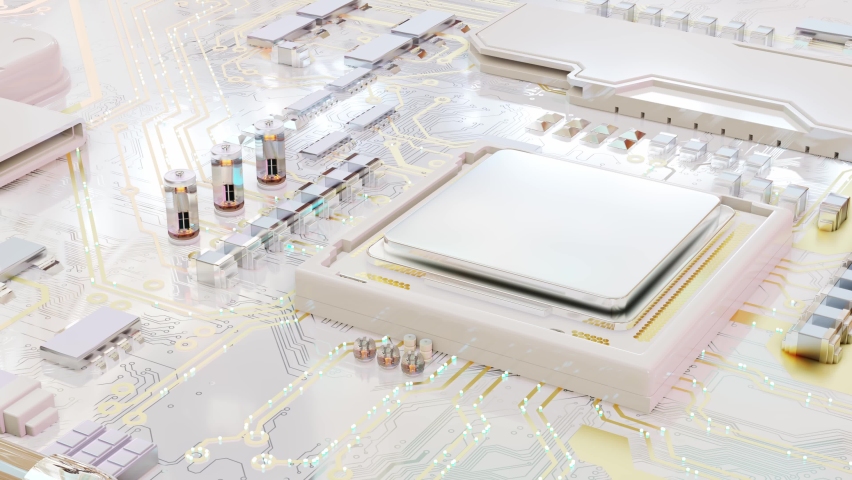 CPU or processor  Mock-Up on motherboard pastel and Luma Alpha Channel. gold circuit pattern on white board. Can be used text input or banner related to innovation and technology. Animation, 3D Render. - Powered by Shutterstock - Get 15% off with code: PIKWIZARD15